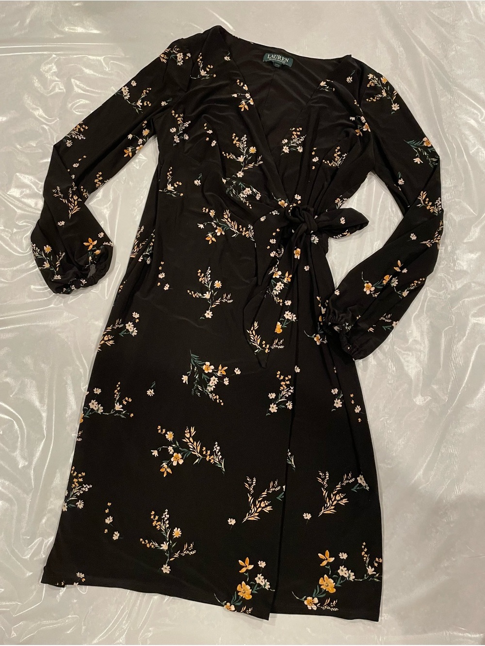 Ralph Lauren Black Floral Midi Wrap Dress